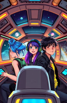 Three teenagers inside a futuristic spaceship helm, two girls and one boy