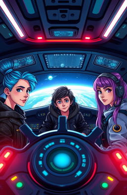Three teenagers inside a futuristic spaceship helm, two girls and one boy