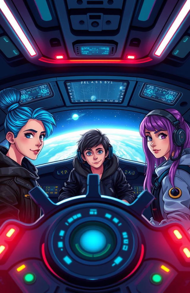 Three teenagers inside a futuristic spaceship helm, two girls and one boy