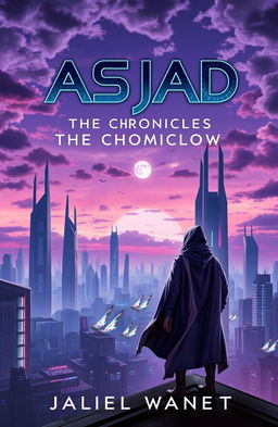 A captivating book cover for "Asjad: The Chronicles of Tomorrow" featuring a futuristic landscape