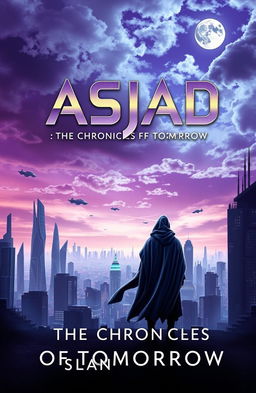 A captivating book cover for "Asjad: The Chronicles of Tomorrow" featuring a futuristic landscape