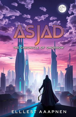 A captivating book cover for "Asjad: The Chronicles of Tomorrow" featuring a futuristic landscape