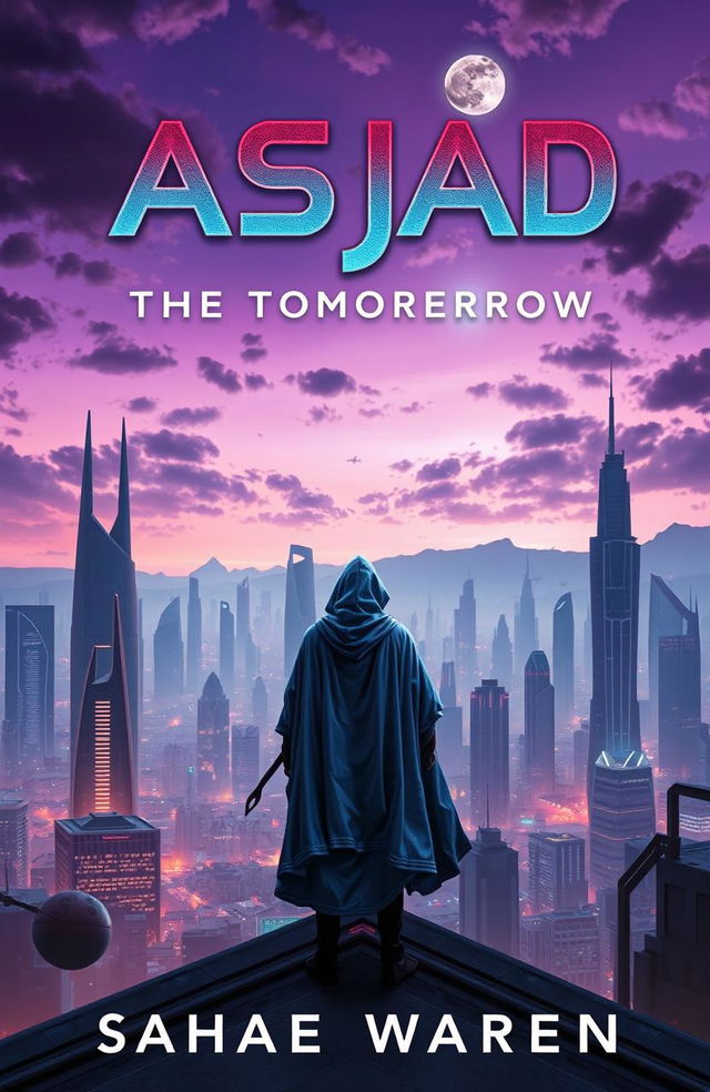 A captivating book cover for "Asjad: The Chronicles of Tomorrow" featuring a futuristic landscape