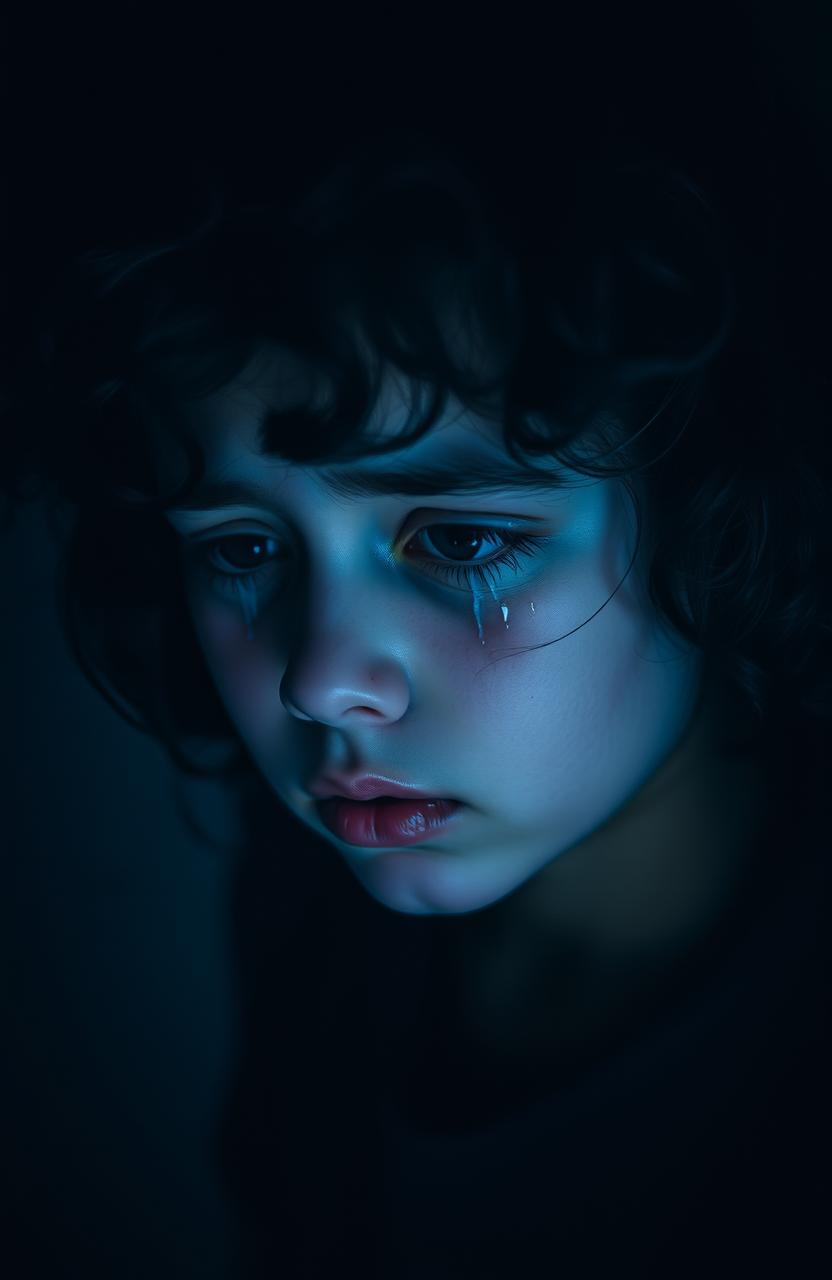 A poignant scene depicting a girl with dark curly hair, tears streaming down her cheeks, embodying feelings of darkness and sadness