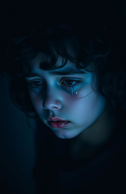 A poignant scene depicting a girl with dark curly hair, tears streaming down her cheeks, embodying feelings of darkness and sadness