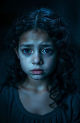 A poignant scene depicting a girl with dark curly hair, tears streaming down her cheeks, embodying feelings of darkness and sadness