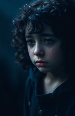 A poignant scene depicting a girl with dark curly hair, tears streaming down her cheeks, embodying feelings of darkness and sadness