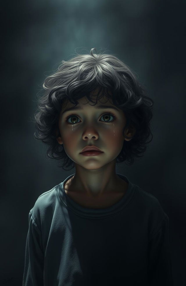 A somber scene depicting a 12-year-old girl with dark curly hair, tears streaming down her cheeks, embodying darkness and sadness