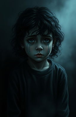 A somber scene depicting a 12-year-old girl with dark curly hair, tears streaming down her cheeks, embodying darkness and sadness