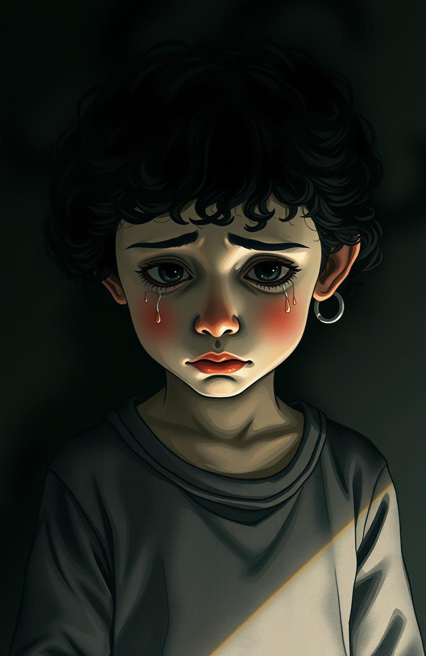 A somber scene depicting a 12-year-old girl with dark curly hair, tears streaming down her cheeks, embodying darkness and sadness