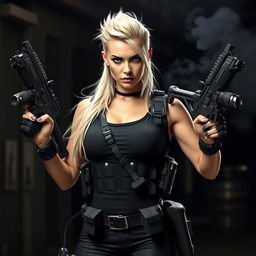 A badass blonde woman standing confidently, adorned in tactical gear, wielding a pair of sleek firearms