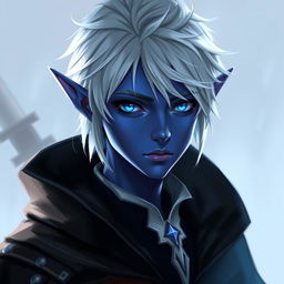 A young male elf with silver hair and blue glowing eyes, featuring dark blue skin, adorned in a black cloak with a hood and a stylish black shirt with a white collar