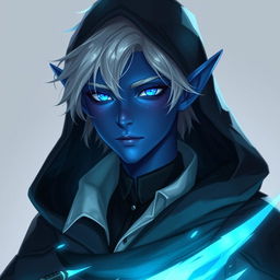 A young male elf with silver hair and blue glowing eyes, featuring dark blue skin, adorned in a black cloak with a hood and a stylish black shirt with a white collar