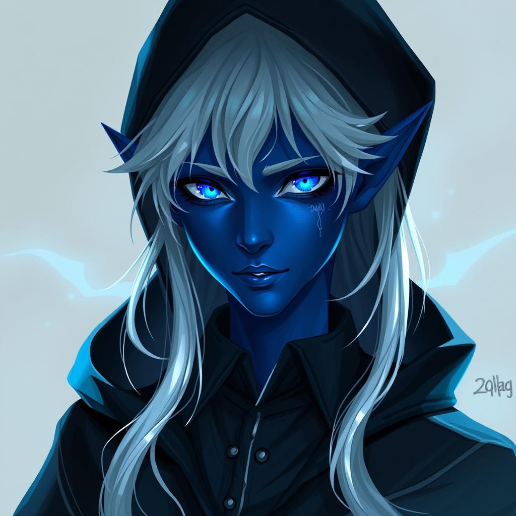 A young male elf with silver hair and blue glowing eyes, featuring dark blue skin, adorned in a black cloak with a hood and a stylish black shirt with a white collar