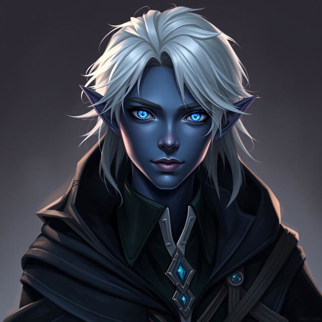 A young male elf with silver hair and blue glowing eyes, featuring dark blue skin, adorned in a black cloak with a hood and a stylish black shirt with a white collar