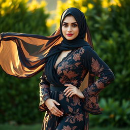 A stunning, sexy photo of a model inspired by Sunny Leone, dressed in elegant Muslim attire featuring a flowing, black hijab that complements her features