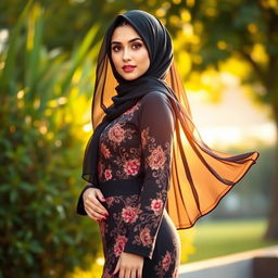 A stunning, sexy photo of a model inspired by Sunny Leone, dressed in elegant Muslim attire featuring a flowing, black hijab that complements her features