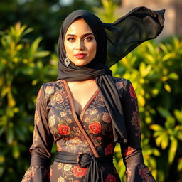 A stunning, sexy photo of a model inspired by Sunny Leone, dressed in elegant Muslim attire featuring a flowing, black hijab that complements her features