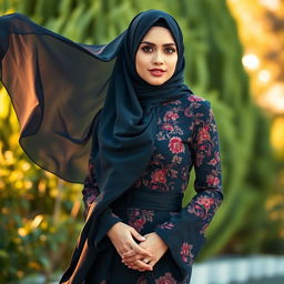 A stunning, sexy photo of a model inspired by Sunny Leone, dressed in elegant Muslim attire featuring a flowing, black hijab that complements her features