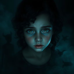 A poignant scene depicting a 12-year-old girl with dark curly hair and striking green eyes, shedding tears that glisten in the dim light