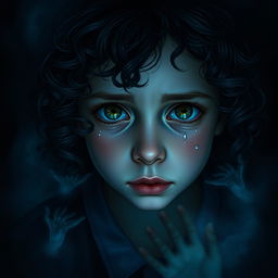 A poignant scene depicting a 12-year-old girl with dark curly hair and striking green eyes, shedding tears that glisten in the dim light