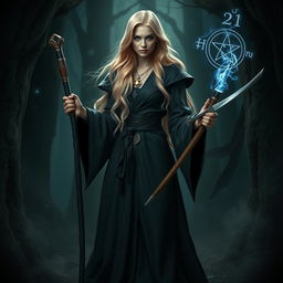 A badass blonde witch standing confidently in a mystical forest, wearing a stylish dark robe adorned with magical symbols