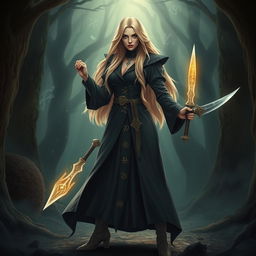 A badass blonde witch standing confidently in a mystical forest, wearing a stylish dark robe adorned with magical symbols
