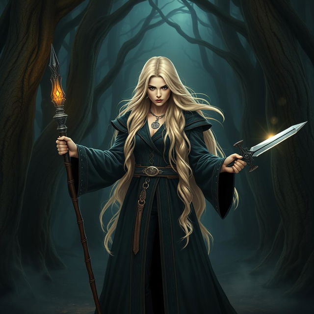 A badass blonde witch standing confidently in a mystical forest, wearing a stylish dark robe adorned with magical symbols