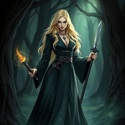 A badass blonde witch standing confidently in a mystical forest, wearing a stylish dark robe adorned with magical symbols