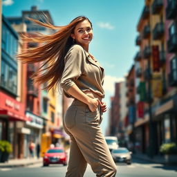 A full-sized, lifelike woman standing confidently in a beautiful urban setting, wearing a stylish outfit that accentuates her figure