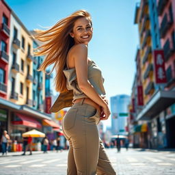 A full-sized, lifelike woman standing confidently in a beautiful urban setting, wearing a stylish outfit that accentuates her figure