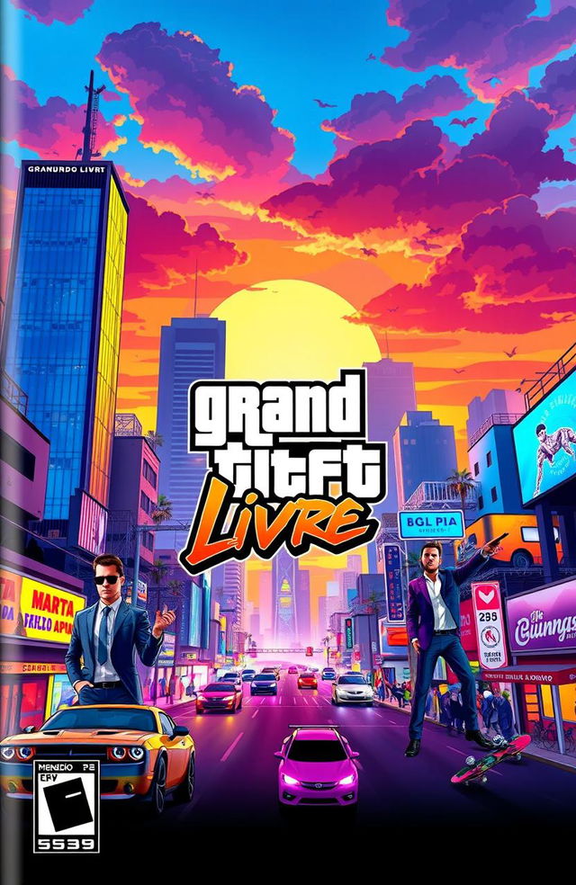 A vibrant and dynamic video game cover art in the style of Grand Theft Auto (GTA), featuring an urban landscape filled with towering skyscrapers, neon lights, and bustling streets