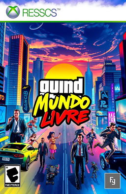 A vibrant and dynamic video game cover art in the style of Grand Theft Auto (GTA), featuring an urban landscape filled with towering skyscrapers, neon lights, and bustling streets