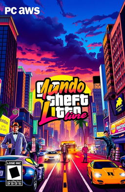 A vibrant and dynamic video game cover art in the style of Grand Theft Auto (GTA), featuring an urban landscape filled with towering skyscrapers, neon lights, and bustling streets