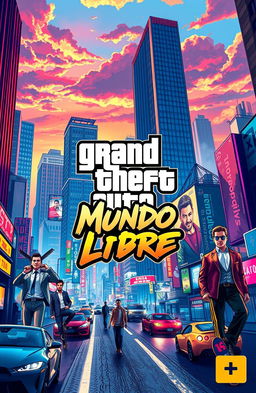 A vibrant and dynamic video game cover art in the style of Grand Theft Auto (GTA), featuring an urban landscape filled with towering skyscrapers, neon lights, and bustling streets