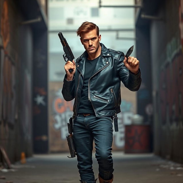 A badass brunet man standing confidently in a dynamic pose, showcasing his array of weapons including a sleek handgun and a tactical knife