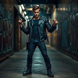 A badass brunet man standing confidently in a dynamic pose, showcasing his array of weapons including a sleek handgun and a tactical knife