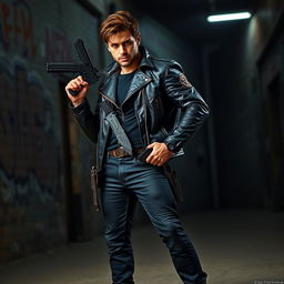A badass brunet man standing confidently in a dynamic pose, showcasing his array of weapons including a sleek handgun and a tactical knife