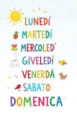 A colorful and vibrant acrostic poem that spells out the days of the week: LUNEDÌ, MARTEDÌ, MERCOLEDÌ, GIOVEDÌ, VENERDÌ, SABATO, DOMENICA