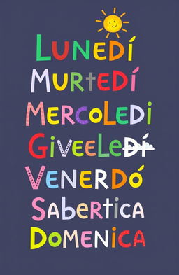 A colorful and vibrant acrostic poem that spells out the days of the week: LUNEDÌ, MARTEDÌ, MERCOLEDÌ, GIOVEDÌ, VENERDÌ, SABATO, DOMENICA