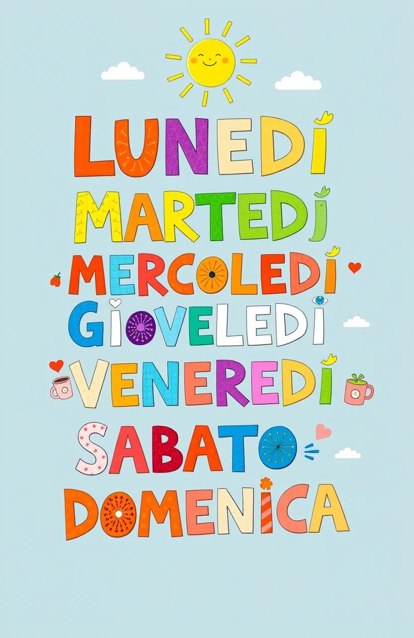 A colorful and vibrant acrostic poem that spells out the days of the week: LUNEDÌ, MARTEDÌ, MERCOLEDÌ, GIOVEDÌ, VENERDÌ, SABATO, DOMENICA