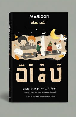 A book cover design for 'غُمور في الصغر' by Maroon, featuring a collage of emotions and real stories of children, including adventures, laughter, and pain