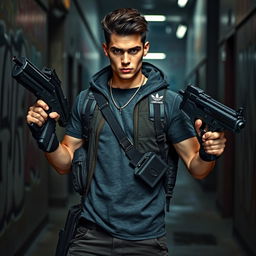 A badass young brunet man exuding confidence and strength, standing in a striking pose