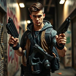 A badass young brunet man exuding confidence and strength, standing in a striking pose