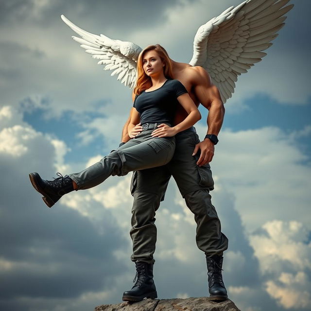 A strong woman dressed in cargo pants, a fitted black t-shirt, and sturdy black combat boots, is being held confidently in the arms of a muscular angel