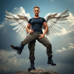 A strong woman dressed in cargo pants, a fitted black t-shirt, and sturdy black combat boots, is being held confidently in the arms of a muscular angel