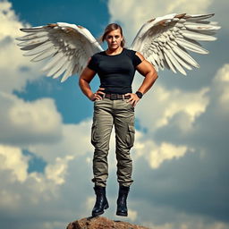 A strong woman dressed in cargo pants, a fitted black t-shirt, and sturdy black combat boots, is being held confidently in the arms of a muscular angel