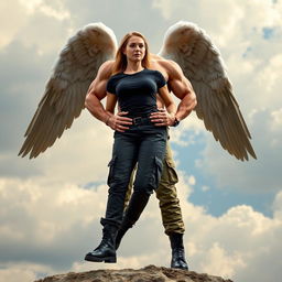 A strong woman dressed in cargo pants, a fitted black t-shirt, and sturdy black combat boots, is being held confidently in the arms of a muscular angel