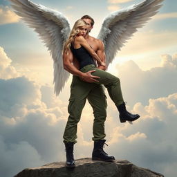 A beautiful blonde woman dressed in cargo pants, a sleek black shirt, and sturdy combat boots, is being held in a romantic bridal style by a muscular male angel
