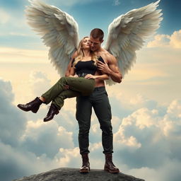 A beautiful blonde woman dressed in cargo pants, a sleek black shirt, and sturdy combat boots, is being held in a romantic bridal style by a muscular male angel